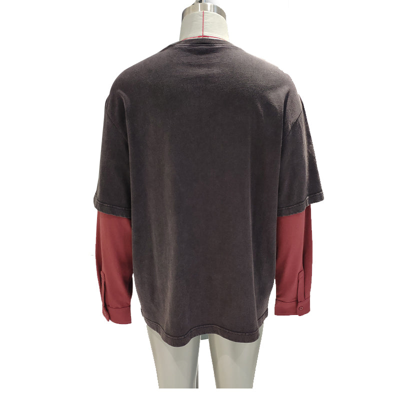 jingdi Men's Cotton Casual T-Shirt-1(500 pieces Starting lot)Fake Two Piece Long Sleeve T-Shirt color blocking lie fallow